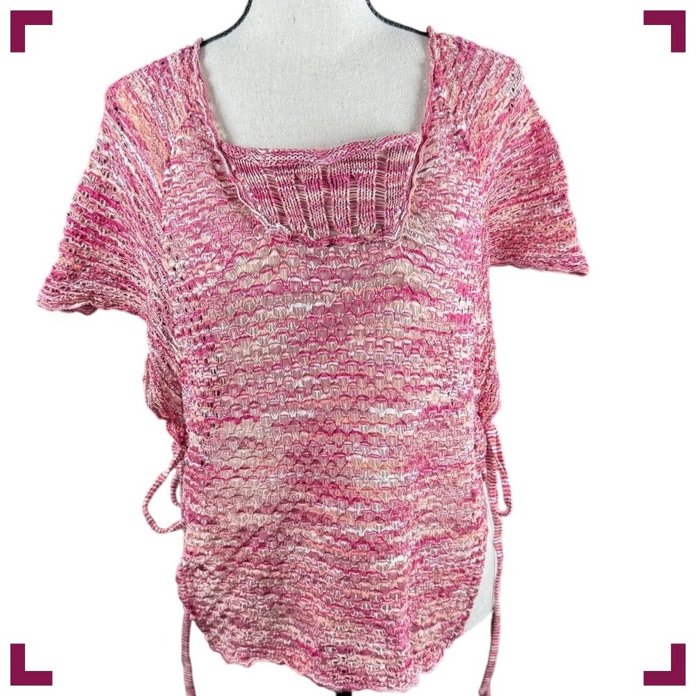 Jessica‎ Simpson Knit Top Pink White Tie Side Square Neck Short Sleeve S